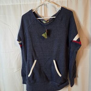 Alternative Navy Crew Neck Sweater Red and White Stripe Sleeves Frony Pocket